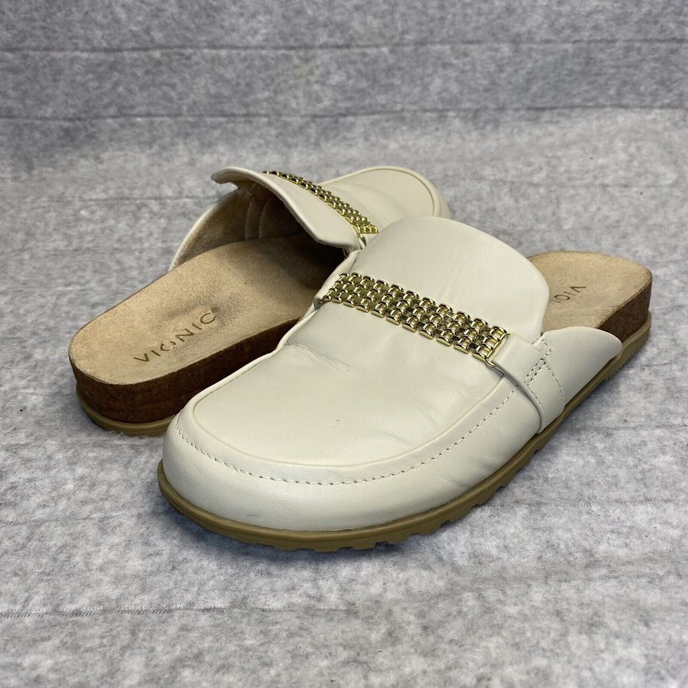 Vionic Cream Leather Mule Clogs with Gold Chain Accent